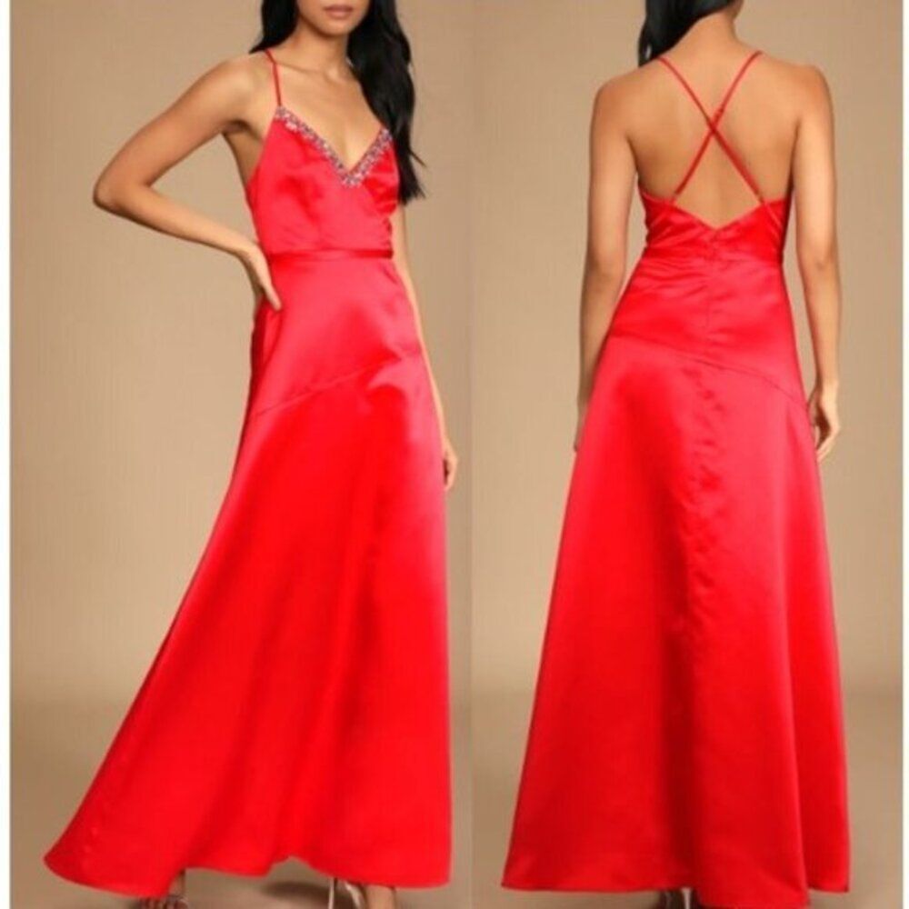 Lulus Women's‎ Red Satin Rhinestone Maxi Dress